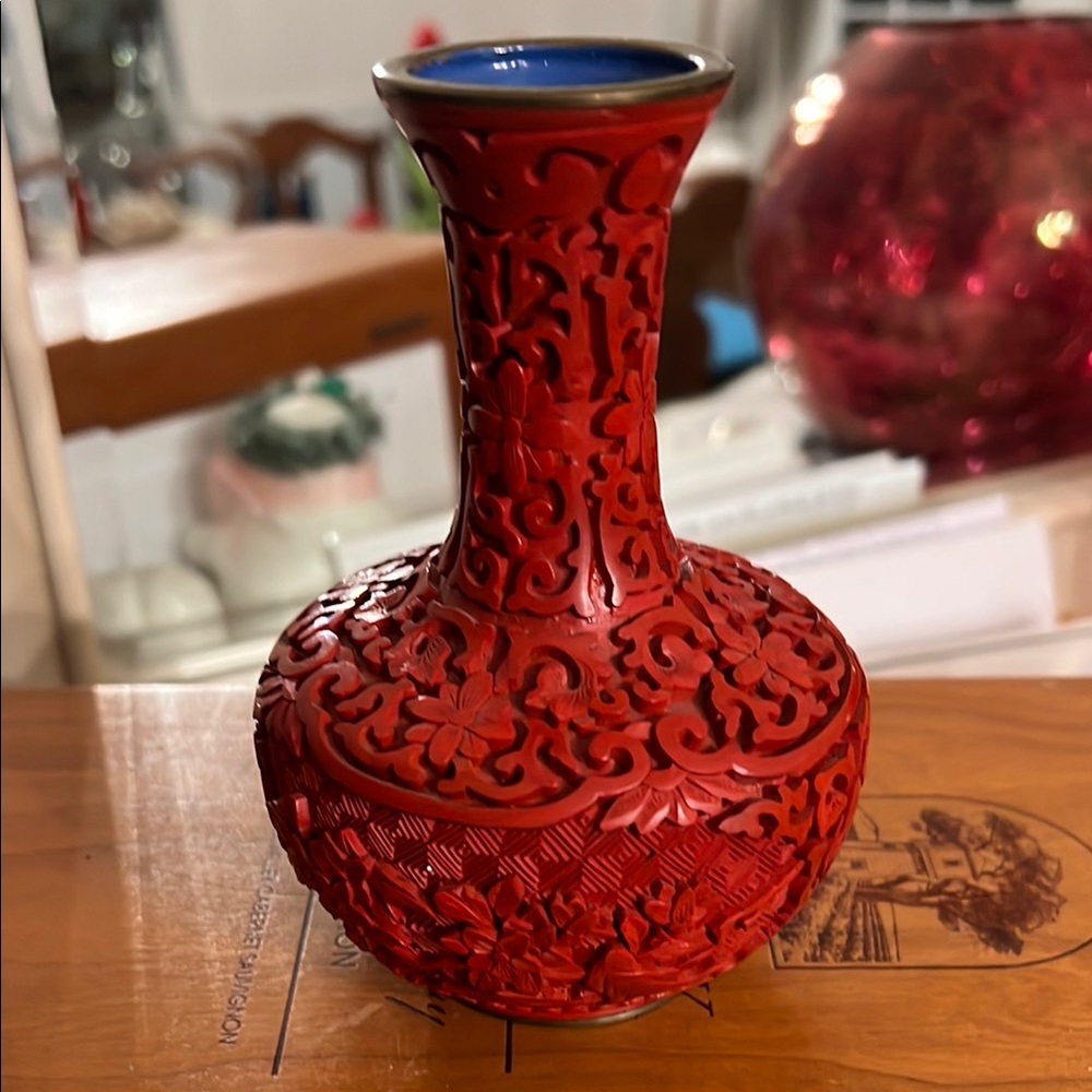 Antique/Vintage hand, carved Cinnabar and enamel vase EEEUC